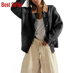 Oversized Color Block Denim Jacket Chic Boyfriend Fit Long Sleeve Shacket